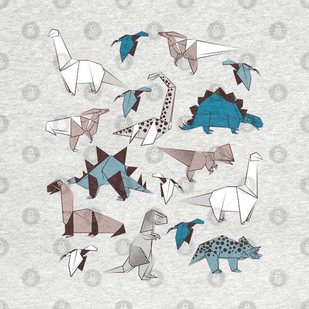 Origami dino friends // print // blue white and beige dinosaurs by SelmaCardoso